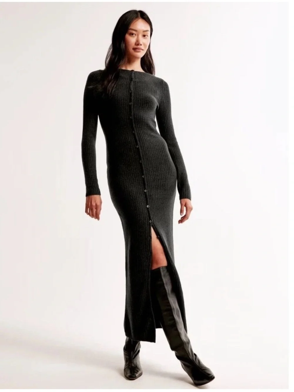 Abercrombie & Fitch Charcoal Black Ribbed Button-Front Merino Wool Maxi Dress